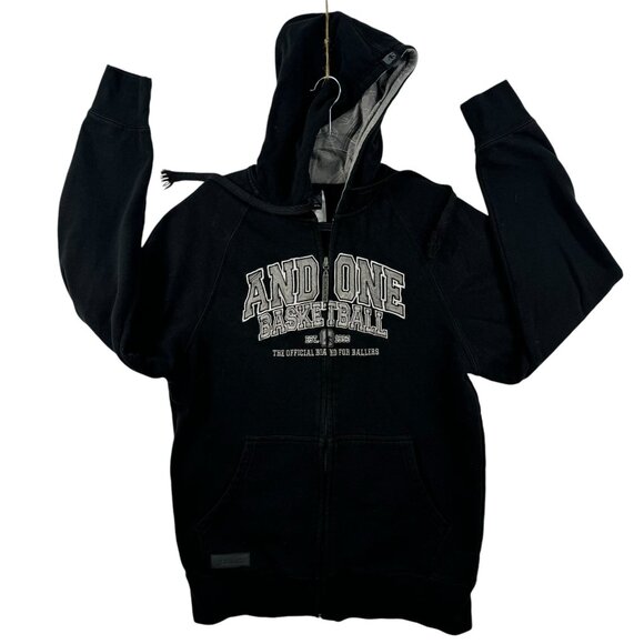 Vintage And1 Mens Black Basketball Hoodie With Zip Front & Pockets Y2K 90s READ - Picture 1 of 13